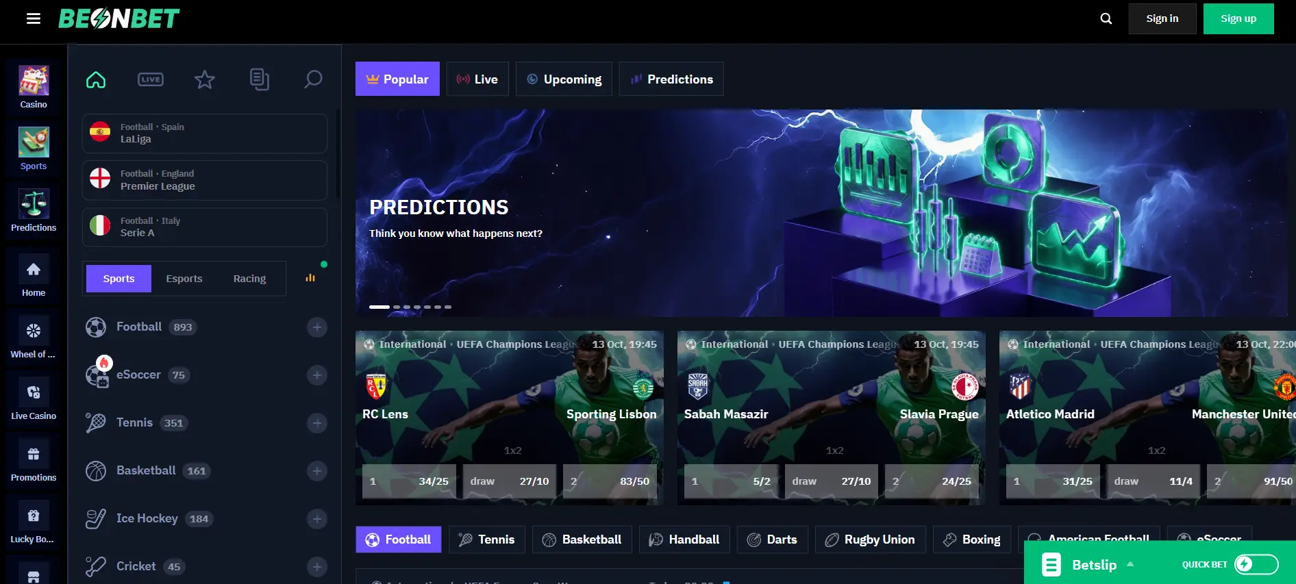 BeonBet live sports betting interface