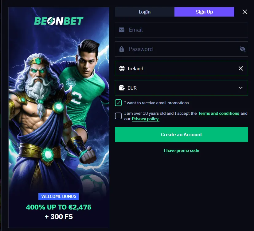 BeonBet mobile sign-up form